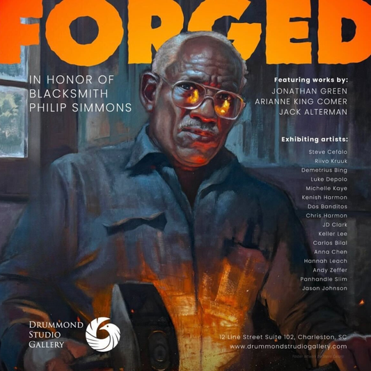 A painting of an older man with glasses, holding a tool, set against a dark background. Text reads: 'FORGED IN HONOR OF BLACKSMITH PHILIP SIMMONS.